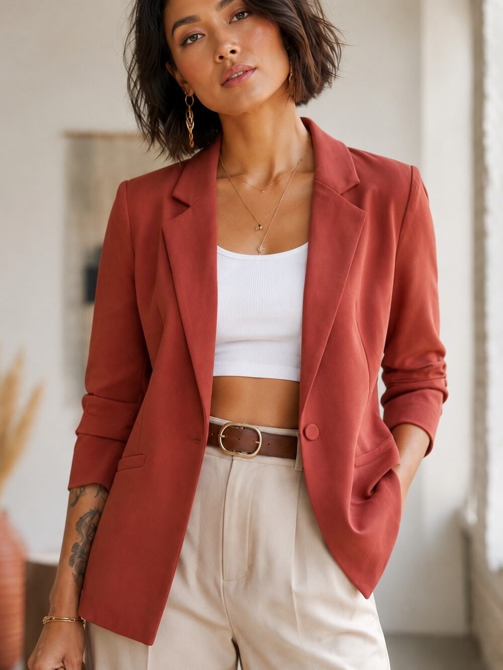 Maurices Women’s Medium Rust Blazer Ruched Sleeve Stretch Career Jacket